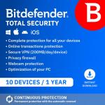 Bitdefender Total Security| 10 Devices | 1 Year | PC/Mac/iOS/Android | Activation Code by Email | Automatic Renewal