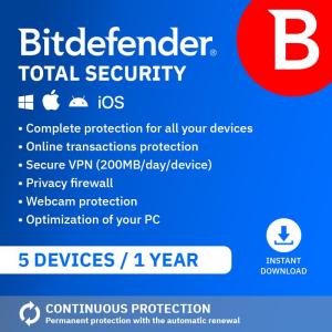 Bitdefender Total Security| 5 Devices | 1 Year | PC/Mac/iOS/Android | Activation Code by Email | Automatic Renewal