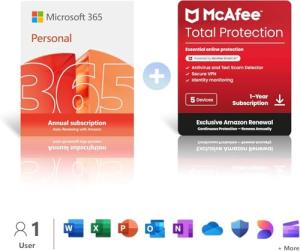 Microsoft 365 Personal | 1 Person | 1TB Cloud Storage | AI Office Apps | Renews for £84.99 + McAfee Total Protection | 5 Devices | Renews for £95.99 | Annual auto-renewing Amazon subscription