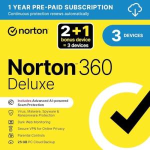 Norton 360 Deluxe 2026, Antivirus Software for 2 + 1 Devices and 1-Year Subscription with Automatic ‎Renewal, Includes Secure VPN and Password Manager, PC/Mac/iOS/Android, Activation Code by email