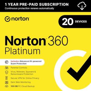 Norton 360 Platinum 2026 - Antivirus software | 20 Devices | 1-year subscription | Automatic renewal, Secure VPN , Password Manager | 1 Device | PC/Mac/Mobile | Activation Code by email