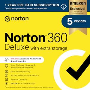 Norton 360 Deluxe with Extra Storage, 50 GB Extra Cloud Backup, Antivirus Software for 5 Devices and 1-year Subscription with Automatic Renewal