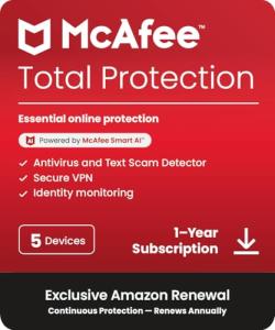 McAfee Total Protection 5-Device 2025 |12-Months|Antivirus, Secure VPN |Includes Security Software, Password Manager, Identity Monitoring | Download |Amazon Subscriptions |PC/Mac/iOS/Android