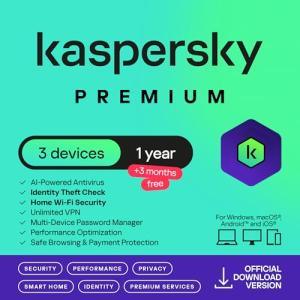 Kaspersky Premium 2026 | 3 Device | 1 Year +3 Months Free | AI Powered AV | Safe Browsing | Anti-Phishing | Unlimited VPN | Password Manager | Smart Home Monitor | Premium IT Support | PC/Mac/Mobile