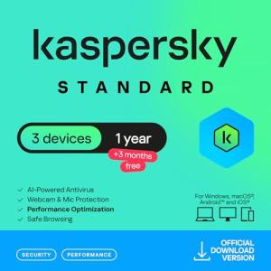 Kaspersky Standard Anti-Virus 2026 | 3 Device | 1 Year +3 Months Free | AI Powered Anti-Virus | Safe Browsing | Anti-Phishing | Game Mode | Performance Optimization | PC/Mac/Mobile
