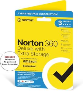 Norton 360 Deluxe with Extra Storage, 25 GB Extra Cloud Backup, Antivirus Software for 3 Devices and 1-year Subscription With Automatic Renewal