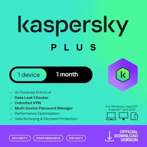 Kaspersky Plus Internet Security 2026 | 1 Device | 1 Month | AI Powered Anti-Virus | Safe Browsing | Anti-Phishing | Unlimited VPN | Password Manager | PC/Mac/Mobile | Activation Code by email