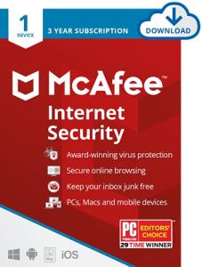 McAfee Internet Security 1-Device 2025, Real-Time PC Protection from New and Evolving Threats, 3-Year Subscription with Auto-Renewal, Digital download, PC/Mac/iOS/Android