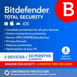 [Amazon Exclusive] Bitdefender Total Security | 3 Devices | 12 + 6 free months with Auto-Renewal | Digital Download