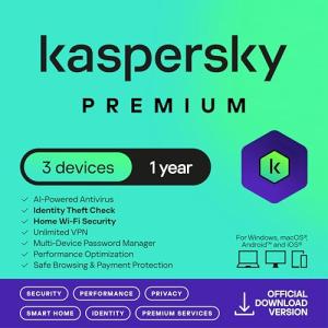Kaspersky Premium Total Security 2025 | 3 Devices | 1 Year | Anti-Phishing and Firewall | Unlimited VPN | Password Manager | Parental Controls | 24/7 Support | PC/Mac/Mobile | UK Online Code