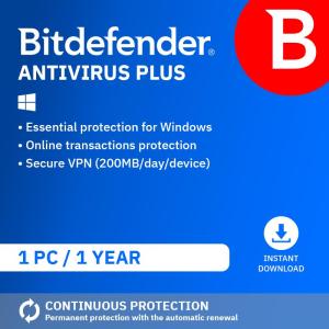 Bitdefender Antivirus Plus 2025 | 1 Device | 1 Year | PC/Mac/iOS/Android | Activation Code by Email | Automatic Renewal