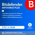 Bitdefender Antivirus Plus 2025 | 1 Device | 1 Year | PC/Mac/iOS/Android | Activation Code by Email | Automatic Renewal