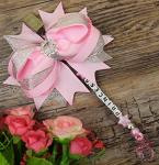 Personalised pram charm in baby pink baby girls large 4.5 inch bow
