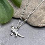 Dinosaur Pendant Necklace, Cute Silver Tone Charm on 16 Inch Silver Plated Curb Chain, Handmade Gift for Dino Lovers, T-Rex Jewellery