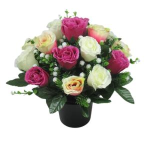 Just Because Silk Flowers Artificial Flower Arrangement in Grave Pot, with a mix of Raspberry and Lemon Roses