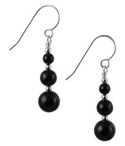 Graduated Round Black Onyx Gemstone & Sterling Silver Hook Drop Earrings with Gift Box