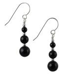 Graduated Round Black Onyx Gemstone & Sterling Silver Hook Drop Earrings with Gift Box