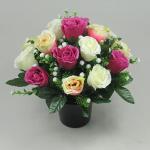 Just Because Silk Flowers Artificial Flower Arrangement in Grave Pot, with a mix of Raspberry and Lemon Roses