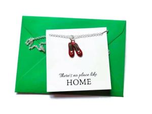 RED SHOES charm necklace There's no place like home quote card OZ themed jewellery gift, musical book Dorothy wizard birthday Xmas present, party bag favors