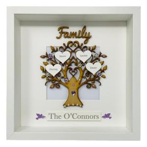 Personalised Family Tree 3D Box Picture Frame Gem Birds - Up To 14 Names - 8 Colours To Choose (Lilac)