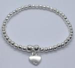 Silver Colour Round Beads With Heart Charm Stretchable Bracelet