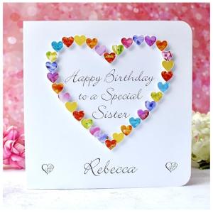 Birthday Card for a Special Sister - Personalised + Optional Message, Colourful Love Hearts Cards – Adult Sisters