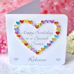 Birthday Card for a Special Sister - Personalised + Optional Message, Colourful Love Hearts Cards – Adult Sisters
