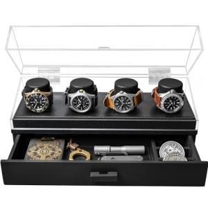 Holme & Hadfield Premium 4-Slot Wooden Watch Display Case – Handcrafted Men’s Watch Box with Accessory Drawer, Hinged Cover, Leather Lining – Birthday Gift for Collectors – Luxury Built to Last