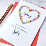 Birthday Card for a Special Sister - Personalised + Optional Message, Colourful Love Hearts Cards – Adult Sisters