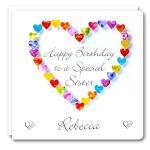 Birthday Card for a Special Sister - Personalised + Optional Message, Colourful Love Hearts Cards – Adult Sisters