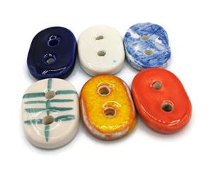 6Pc Extra Large Handmade Ceramic Sewing Buttons For Clothing, Colorful Artisan Decorative Knitting Button For Coat, Lightweight and Smooth (25mmX20mm, Oval, 2 Holes, Multicolor)