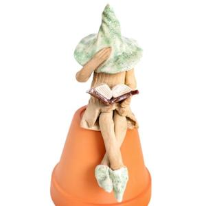 Shy fairy, hand made fairy garden fairy, plant pot ornament, reading her book, light green.