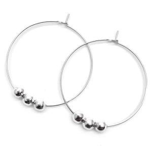 Silver Ball Hoop Earrings, 5mm Round Beads on Silver Tone Nickel Free Hoops : 35mm Diameter, Pretty Everyday Shiny Silver Hoops for Women