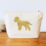 Cockapoo Cosmetic Bag – Natural Cotton Makeup Pouch with Gold Glitter Dog Design – Gift for Cockapoo Lovers – Zippered Storage Bag for Toiletries, Beauty Essentials & Travel