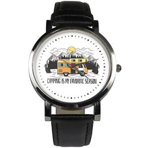 Camping lover watch. "Camping is my favorite season" slogan. Nature theme Great gift item for anyone who loves their camper van. Black/Brown (Black)