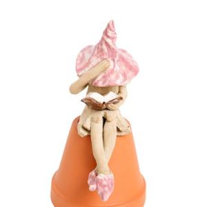 Shy fairy, ceramic fairy garden plant pot ornament, pixie figurine reading her book, pink