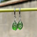 PEPELUALI Handmade Sterling Silver Sea Glass Wire Wrap Drop Earrings Jewelry (Green),Beach Earrings, Summer Gift, Ocean Jewelry Inspirational Gifts for Women, Mom, Sister
