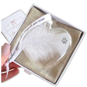 Paw Print Feather Memorial Bauble for Pet Cat Dog. Gift Boxed Glass Heart Christmas Tree Decoration Handmade Keepsake