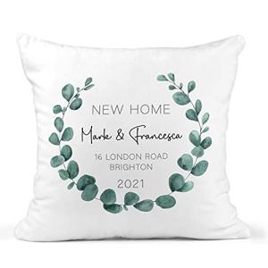 Personalised New Home Cushion Cover - Names Address Year - Eucalyptus Wreath Keepsake
