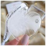 Paw Print Feather Memorial Bauble for Pet Cat Dog. Gift Boxed Glass Heart Christmas Tree Decoration Handmade Keepsake