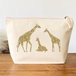 Giraffe Makeup Bag – Natural Cotton Canvas Pouch with Gold Glitter Giraffe Family Design – Gift for Animal Lovers – Zippered Cosmetic & Toiletry Bag for Travel, Beauty & Daily Use