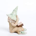Shy fairy, hand made fairy garden pottery fairy, reading her book, light green, cross legged