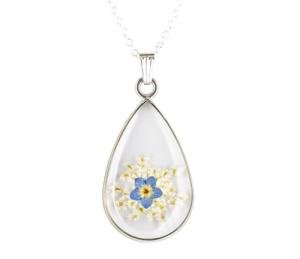 Cotswold Crafts By Emma Handmade Forget Me Not and Queen Anne's Lace Flower Keepsake Pendant with Silver Necklace, 13th Lace Anniversary Gift, Pressed Flowers in Elegant Teardrop Resin Silver Pendant