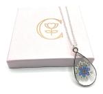Cotswold Crafts By Emma Handmade Forget Me Not and Queen Anne's Lace Flower Keepsake Pendant with Silver Necklace, 13th Lace Anniversary Gift, Pressed Flowers in Elegant Teardrop Resin Silver Pendant
