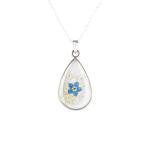 Cotswold Crafts By Emma Handmade Forget Me Not and Queen Anne's Lace Flower Keepsake Pendant with Silver Necklace, 13th Lace Anniversary Gift, Pressed Flowers in Elegant Teardrop Resin Silver Pendant
