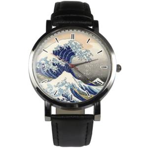 Great wave off Kanagawa painting design wristwatch - Black/Brown strap (Black)