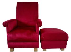 Adult Chair & Footstool in Plain Red Velvet Fabric Armchair Pouffe Accent