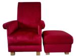 Adult Chair & Footstool in Plain Red Velvet Fabric Armchair Pouffe Accent