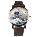Great wave off Kanagawa painting design wristwatch - Black/Brown strap (Black)