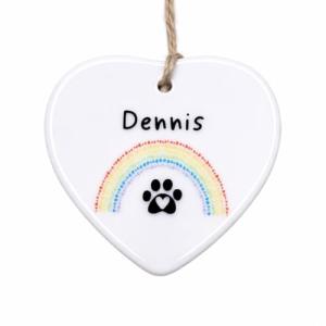 Personalised Pet Memorial Ceramic Heart – Custom Name Hanging Heart with Rainbow and Paw Print